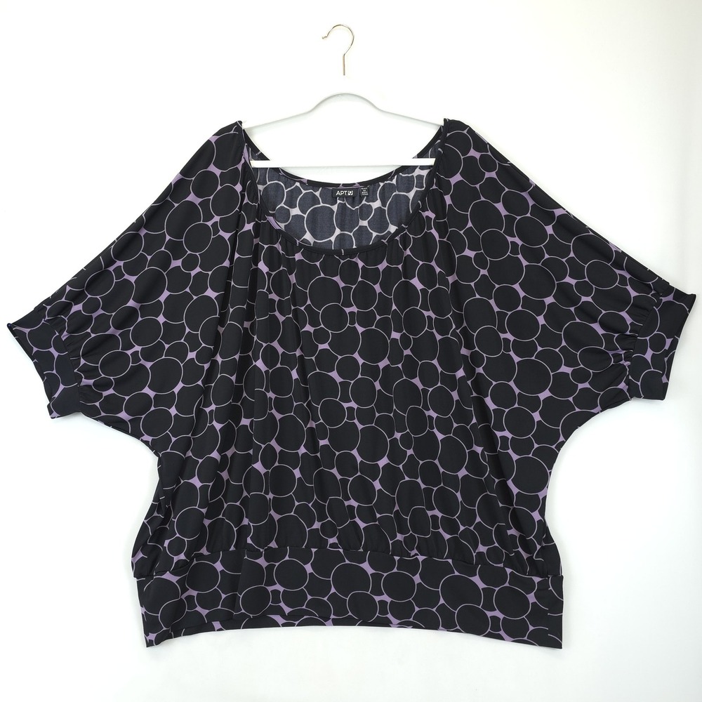 APT 9 Blouse Women 3X Batwing Dolman Sleeve Black Purple Polka Dot Stretch Comfy
